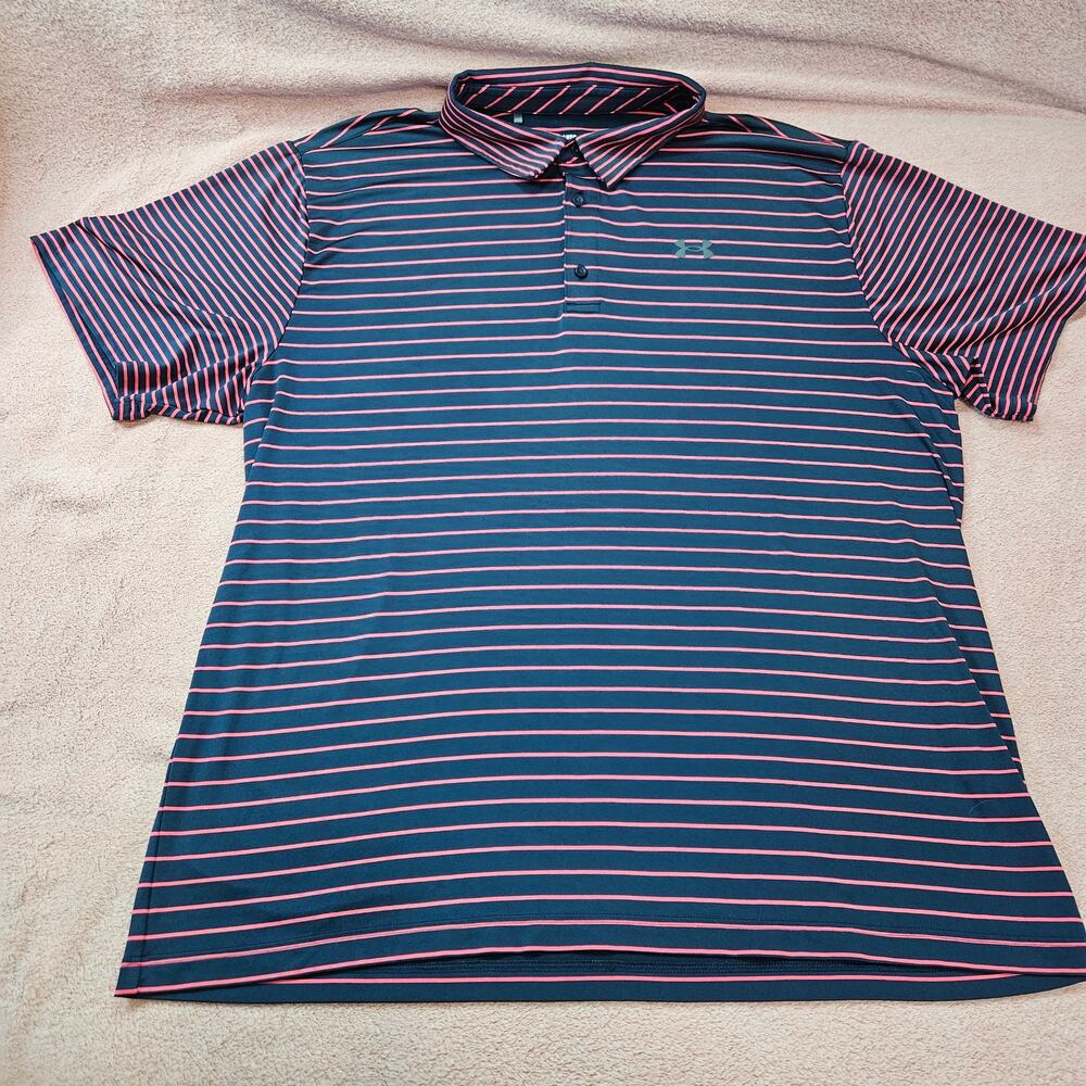 Under Armour Men's Playoff Golf Polo Shirt Navy Blue and Pink Striped Size 3XL